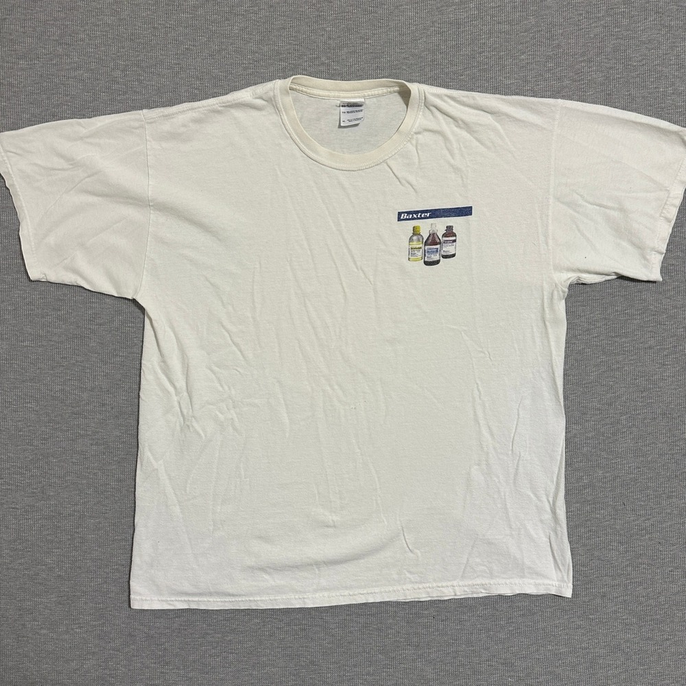 Baxter Pharmaceutical Graphic T-Shirt Short Sleeve Medical Tee White Mens XL